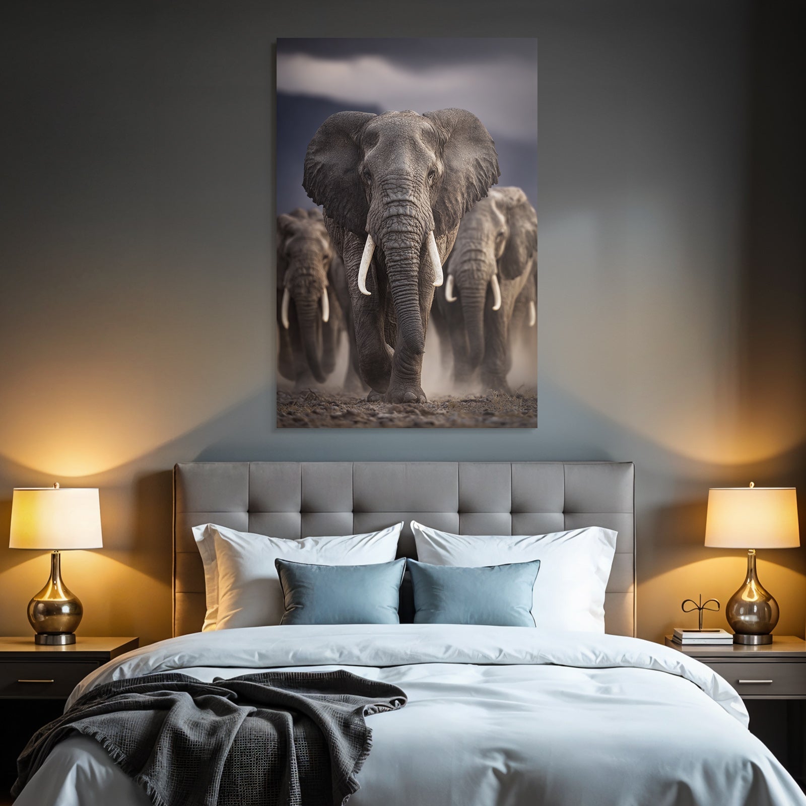 Gruppe Elephants Im Vordergrund Bewegung Moody Hintergrund
