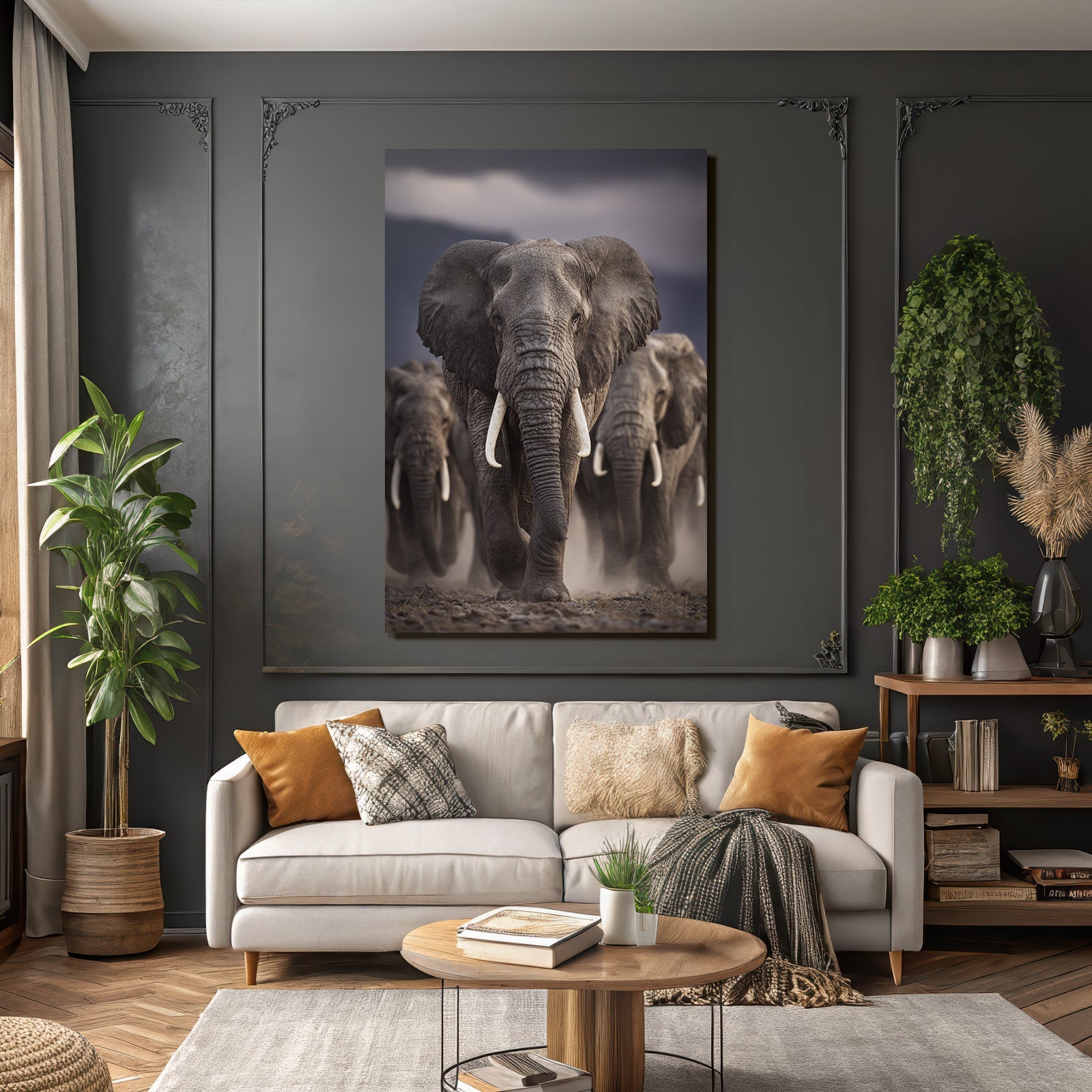 Gruppe Elephants Im Vordergrund Bewegung Moody Hintergrund