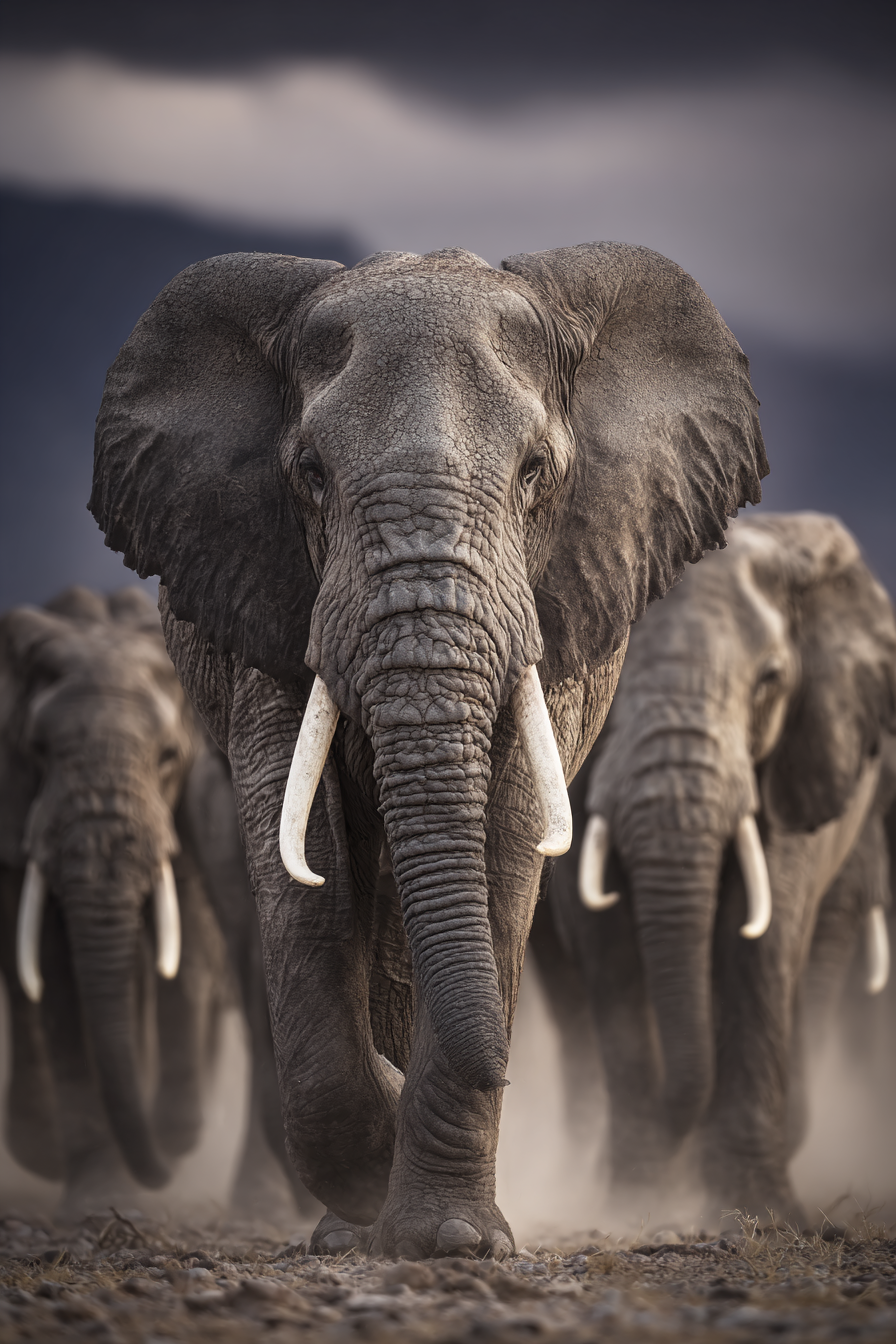 Gruppe Elephants Im Vordergrund Bewegung Moody Hintergrund | Safari und Wildtiere | Tiere