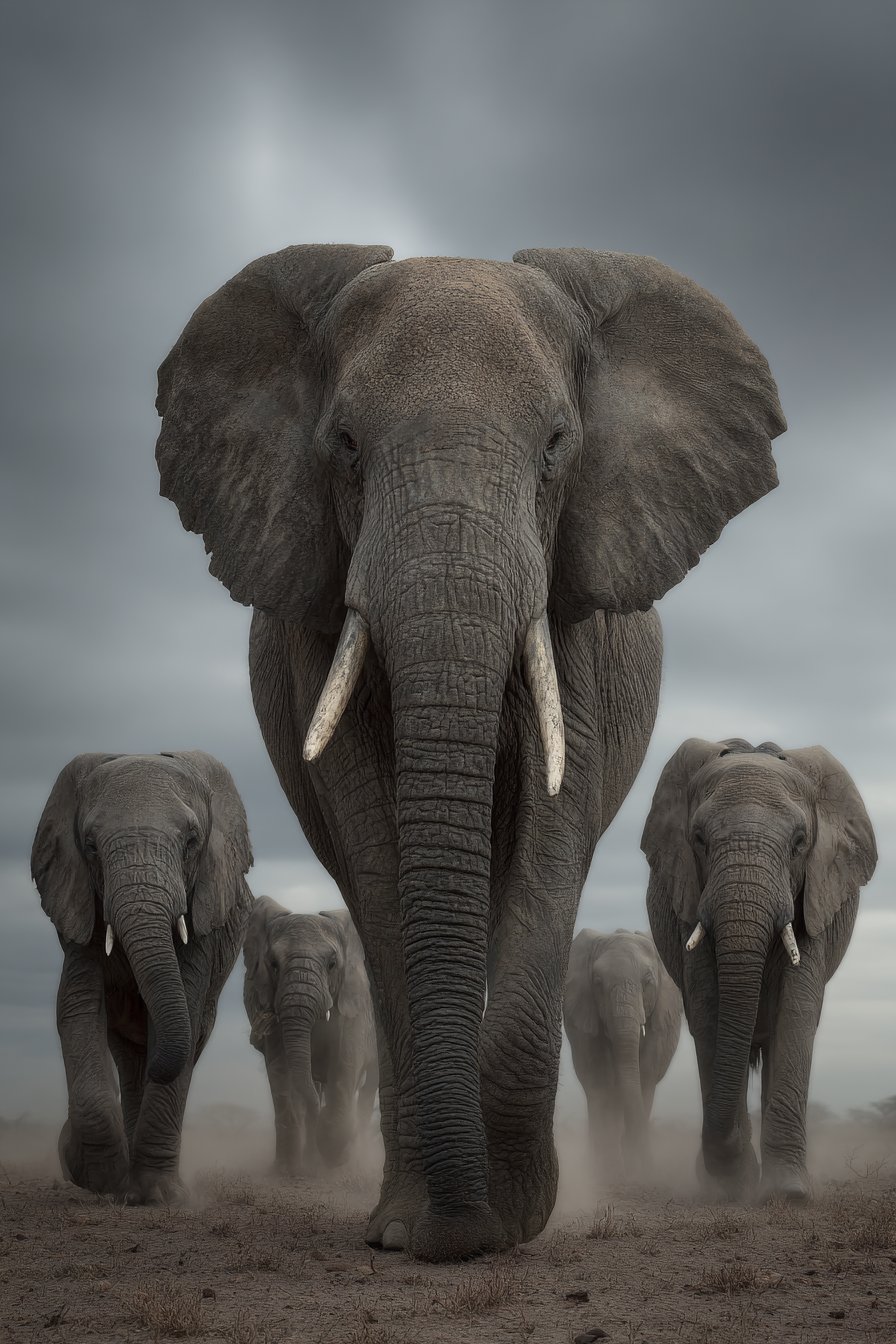 Gruppe Von Elefanten Gehen Zum Kamera Im Staubigen Umfeld Mit Wolken Im Hintergrund | Safari und Wildtiere | Tiere