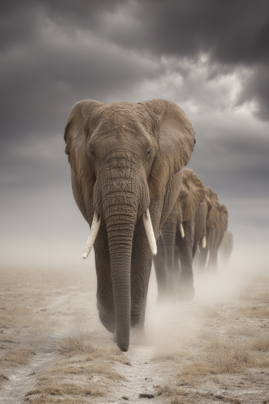 Gruppe Von Elefanten Walking Durch Staubige Landschaft | Safari und Wildtiere | Tiere