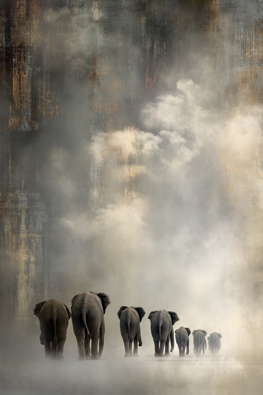 Herde Elefanten Im Nebel Atmosphärische Szene Tranquilität Natur | Safari und Wildtiere | Tiere