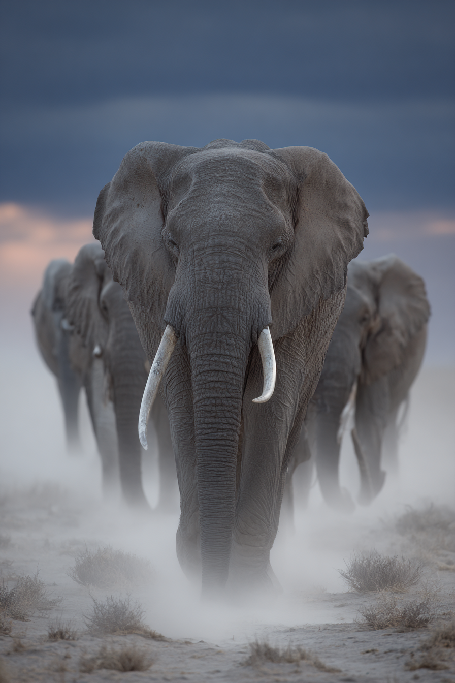Herde Von Elefanten Führendes Tier Im Sandigen Landscape Mit Dramatischem Himmel | Safari und Wildtiere | Tiere