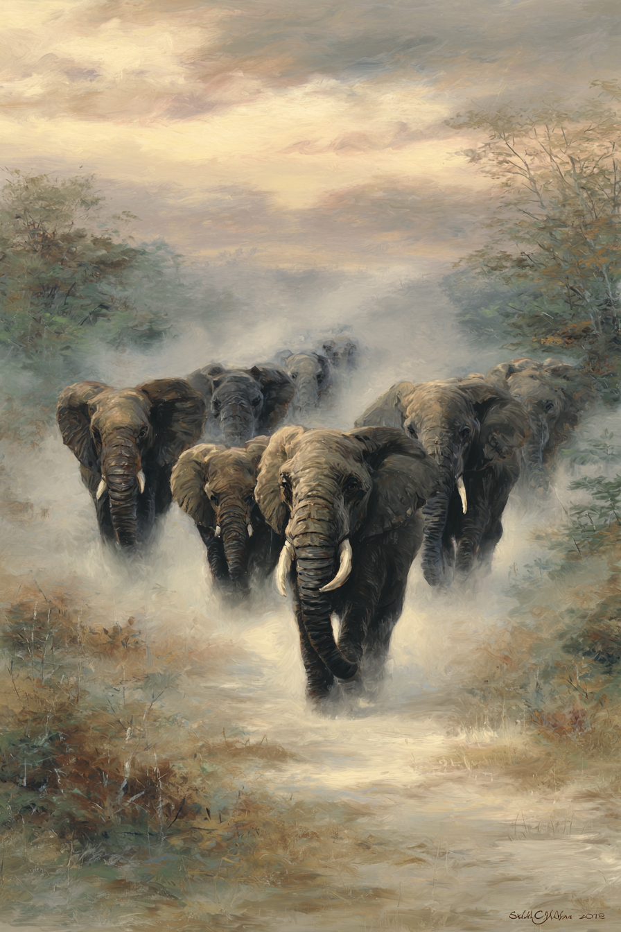Herde Von Elefanten Im Nebligen Landscape Dawn Dusk | Safari und Wildtiere | Tiere