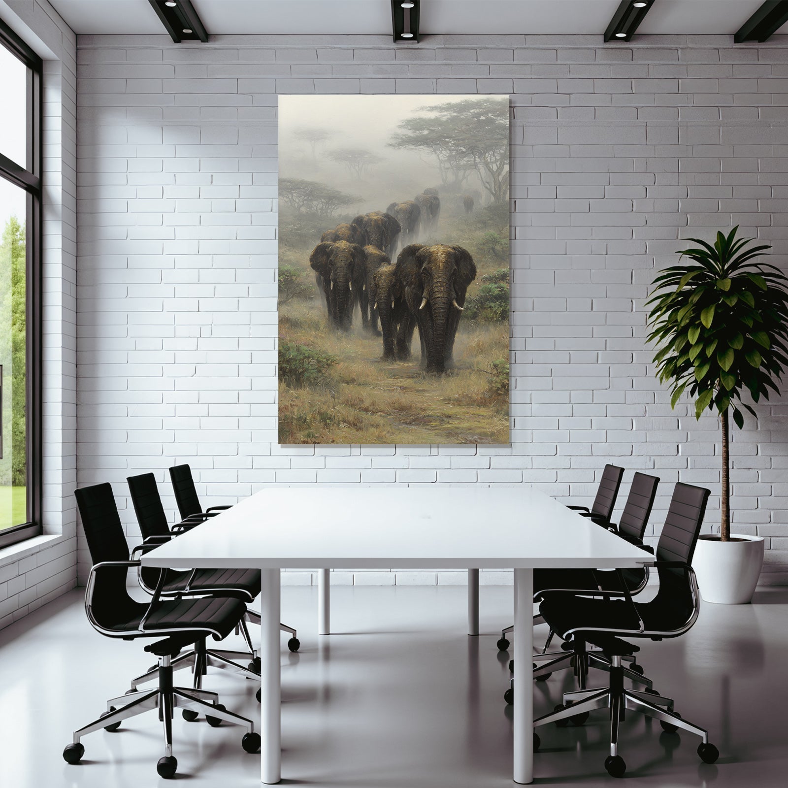 Herde Von Elefanten In Nebliger Landschaft