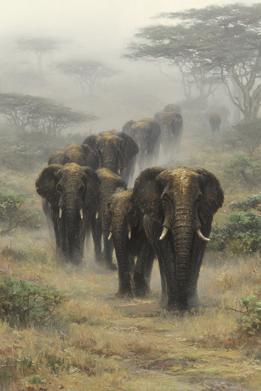 Herde Von Elefanten In Nebliger Landschaft | Safari und Wildtiere | Tiere