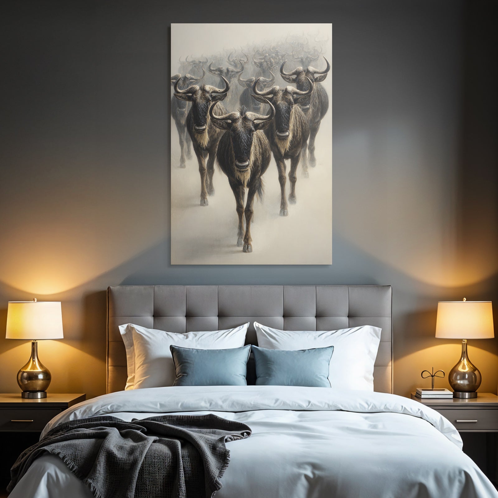 Herde Wildebeesten Marschieren Durch Neblige Landscape