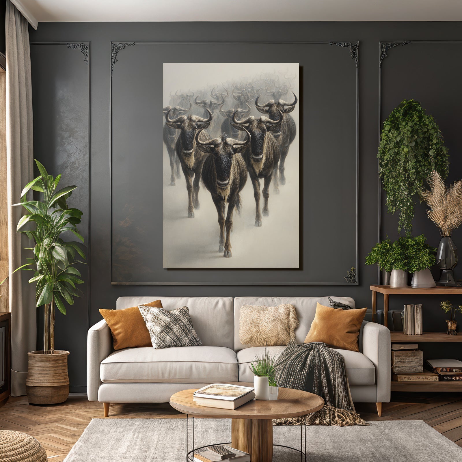 Herde Wildebeesten Marschieren Durch Neblige Landscape