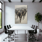 Herde Wildebeesten Marschieren Durch Neblige Landscape