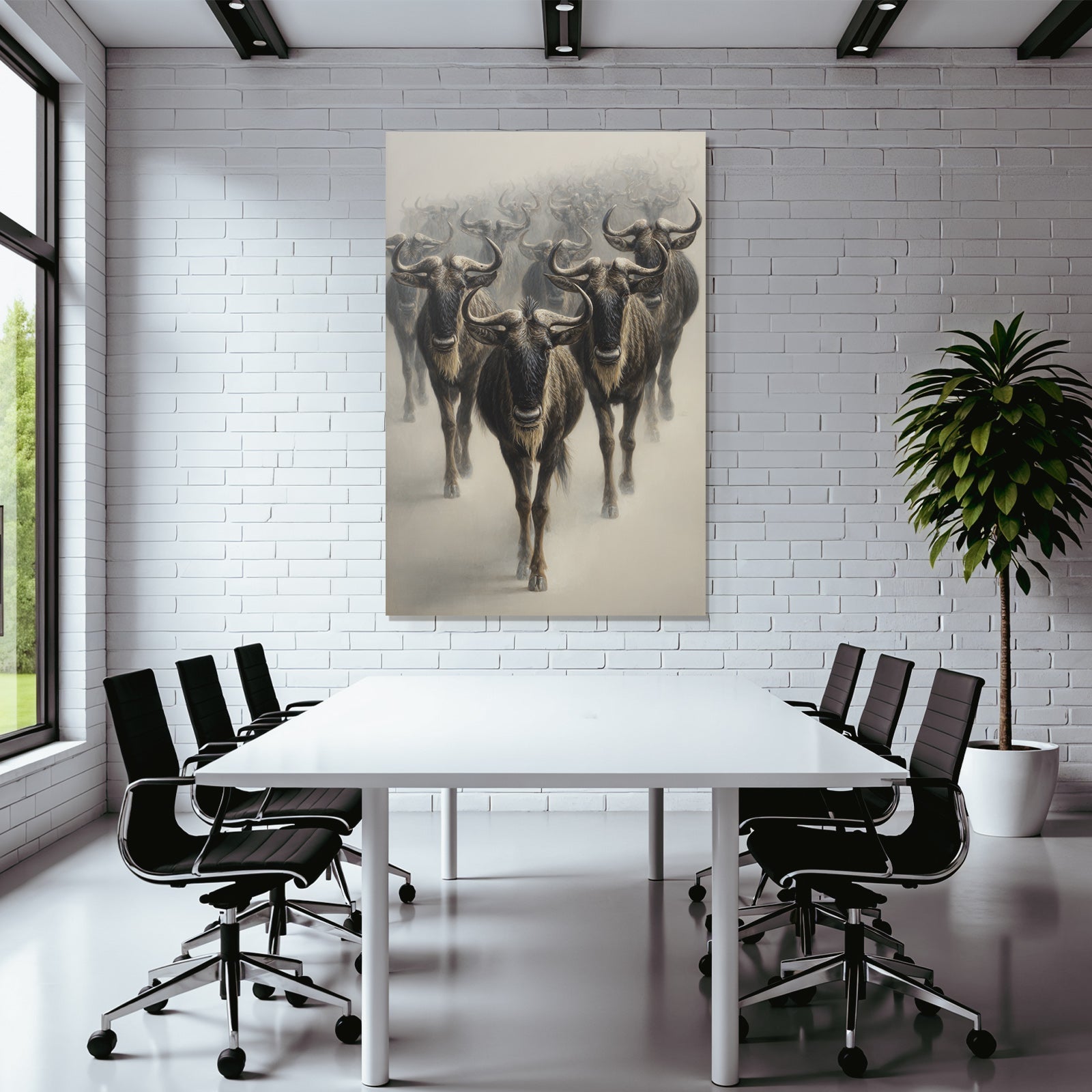 Herde Wildebeesten Marschieren Durch Neblige Landscape