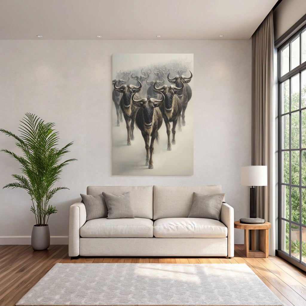 Herde Wildebeesten Marschieren Durch Neblige Landscape
