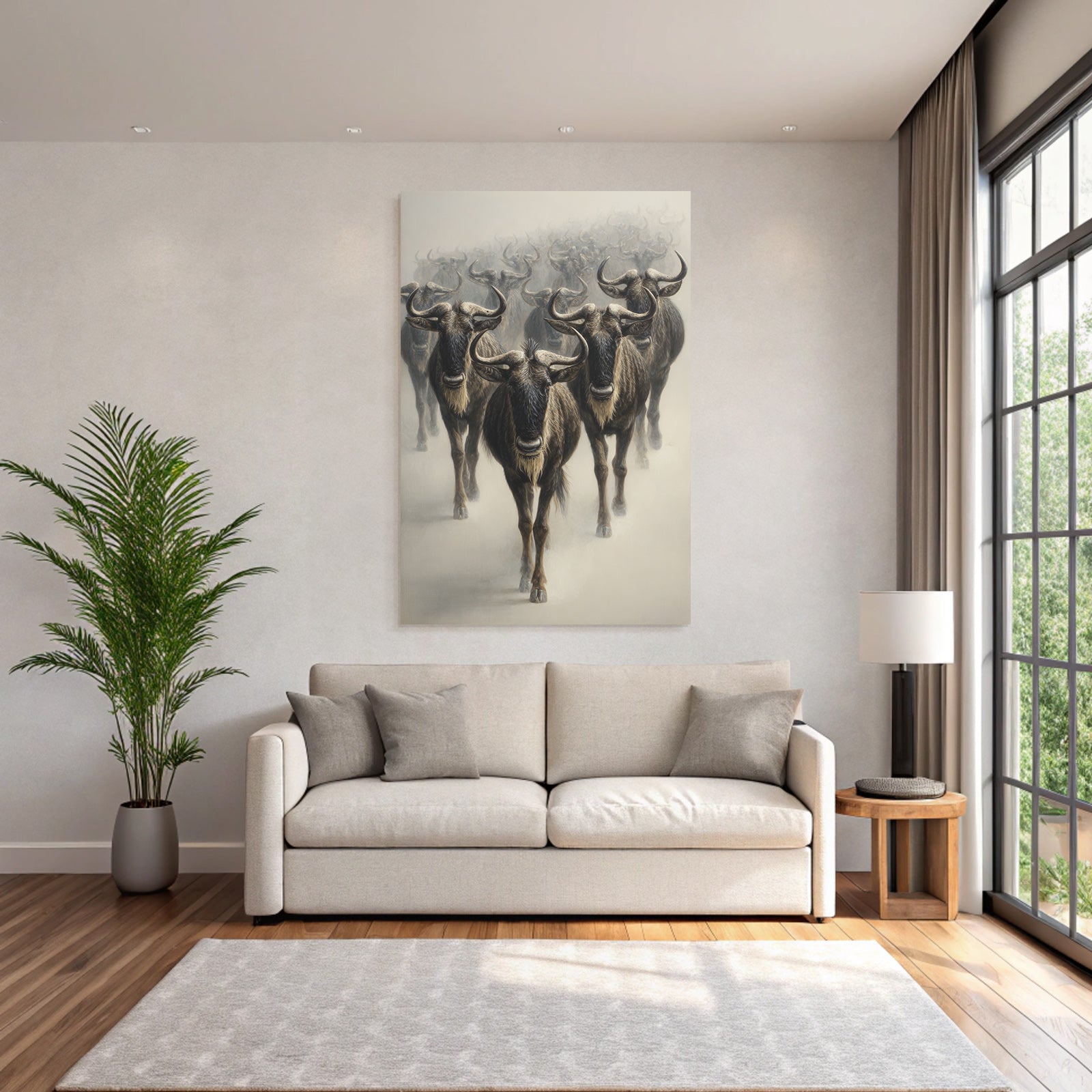 Herde Wildebeesten Marschieren Durch Neblige Landscape