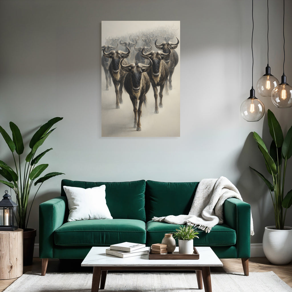 Herde Wildebeesten Marschieren Durch Neblige Landscape
