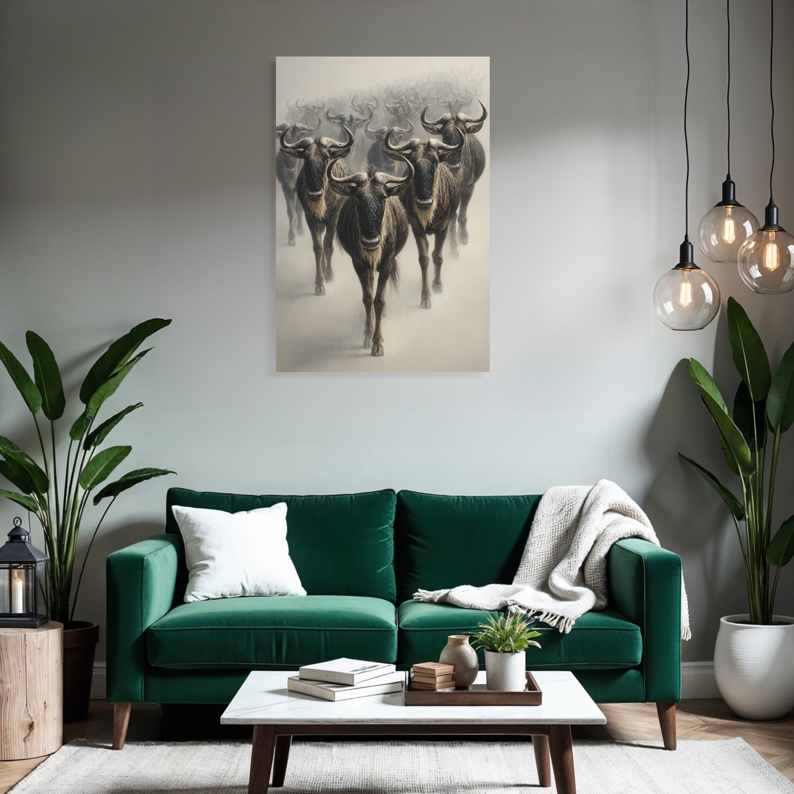 Herde Wildebeesten Marschieren Durch Neblige Landscape