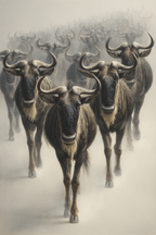Herde Wildebeesten Marschieren Durch Neblige Landscape | Safari und Wildtiere | Tiere
