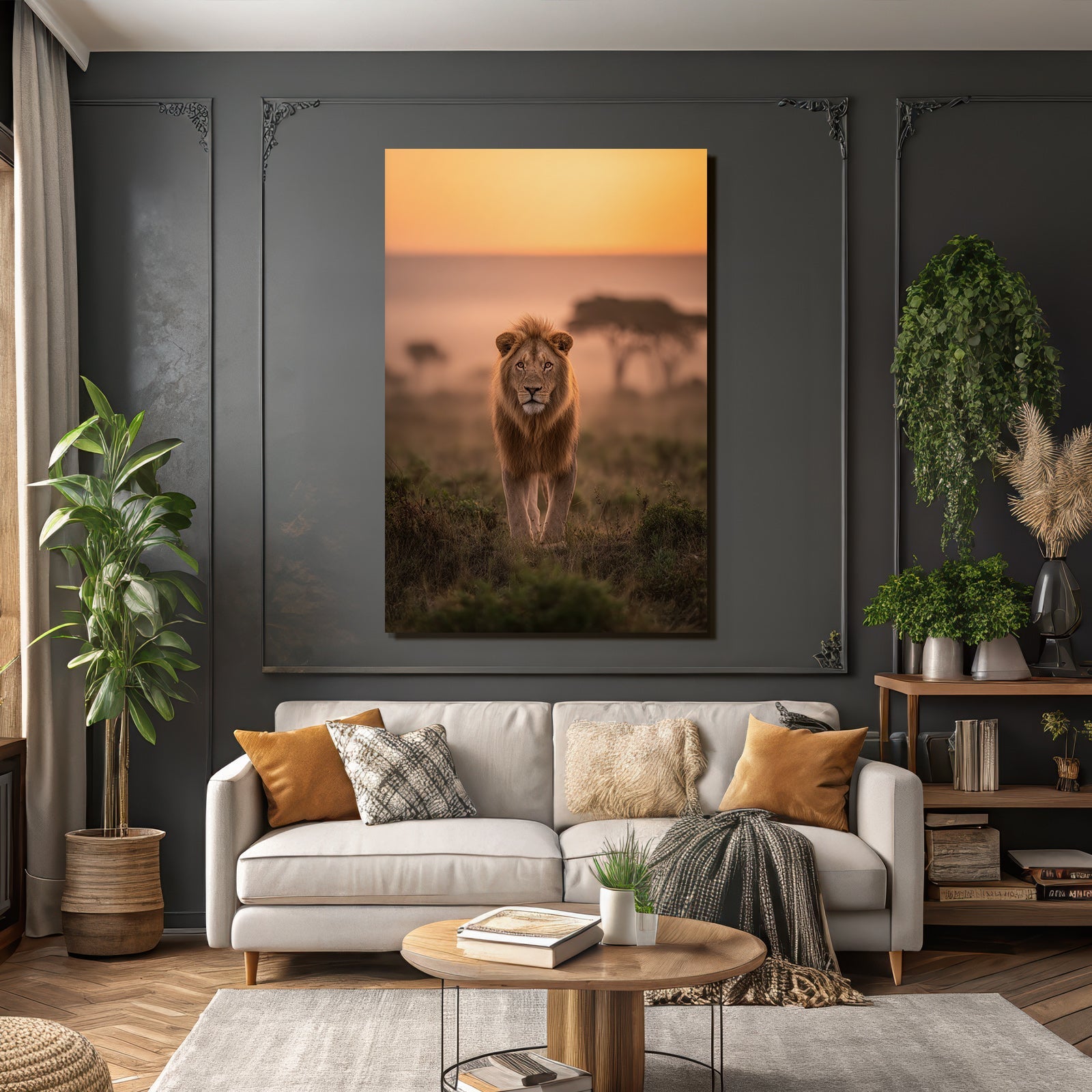 Liegende Löwe Mit Mähne Zum Sonnenaufgang Oder Sonnenuntergang In Der Natur