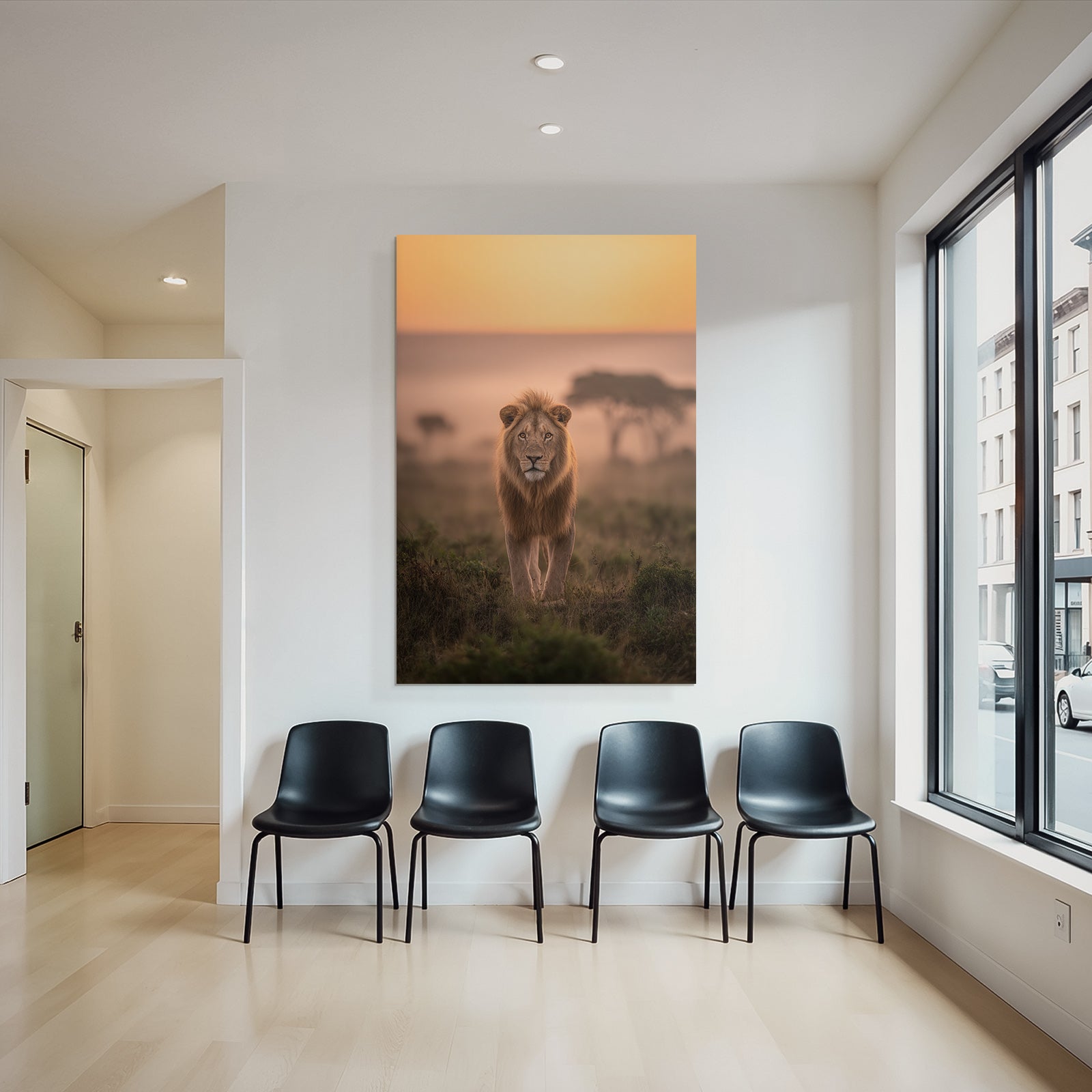Liegende Löwe Mit Mähne Zum Sonnenaufgang Oder Sonnenuntergang In Der Natur