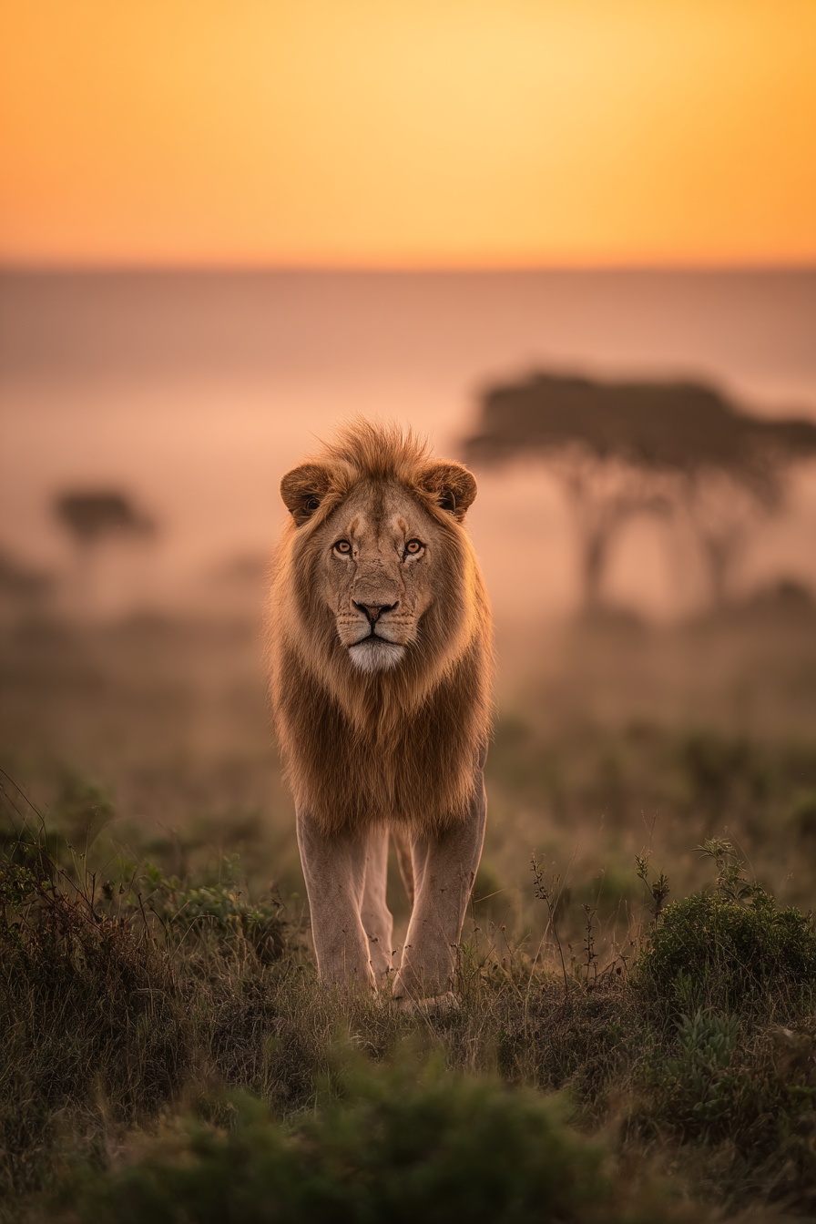 Liegende Löwe Mit Mähne Zum Sonnenaufgang Oder Sonnenuntergang In Der Natur | Safari und Wildtiere | Tiere