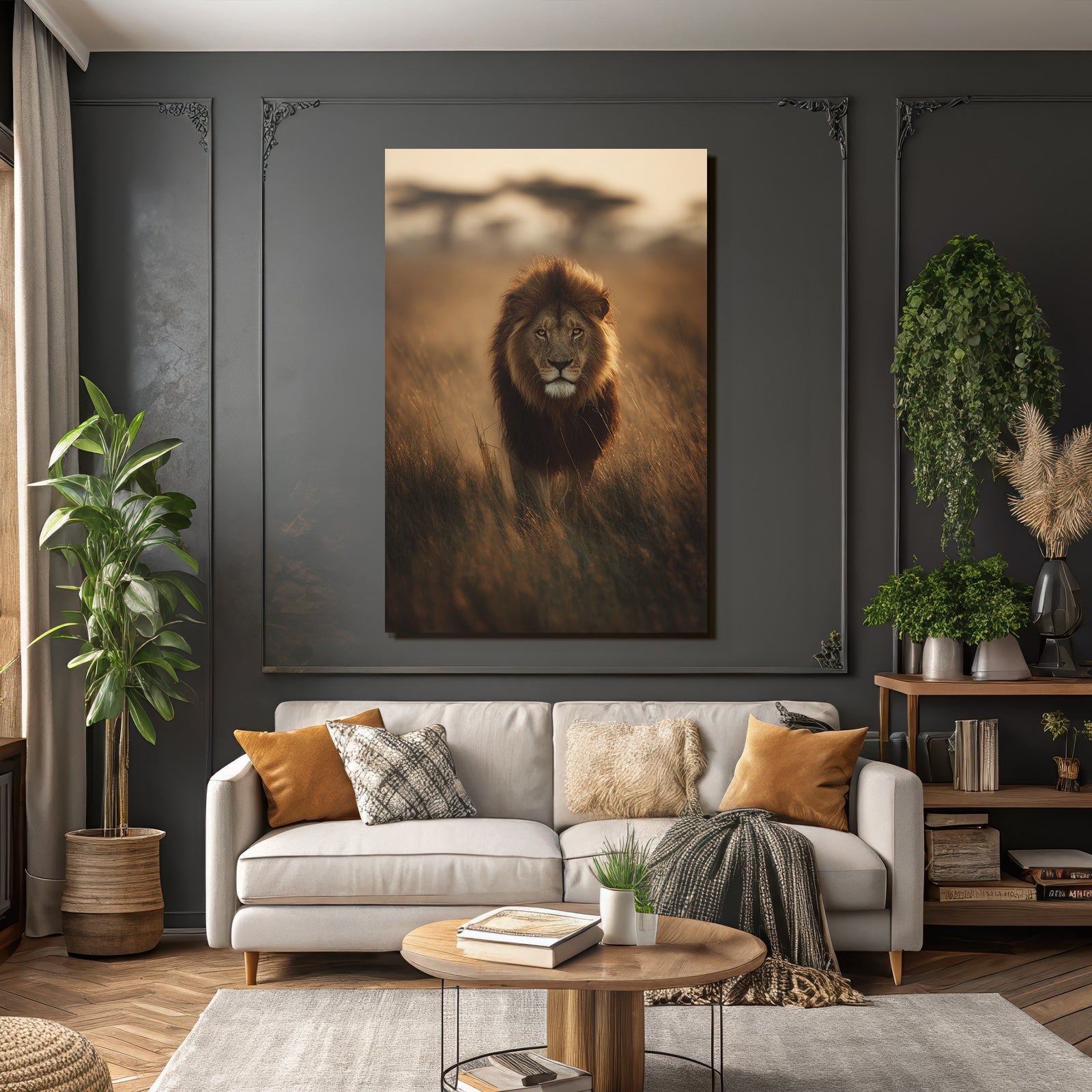 Lion Geht Durch Hochgras Bei Sonnenuntergang