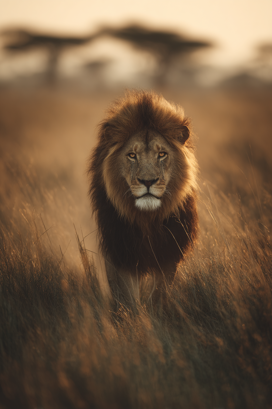 Lion Geht Durch Hochgras Bei Sonnenuntergang | Safari und Wildtiere | Tiere