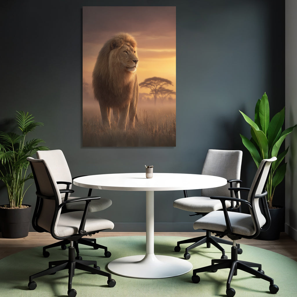 Lion Im Der Sonnenuntergang Mit Baum Silhoütten
