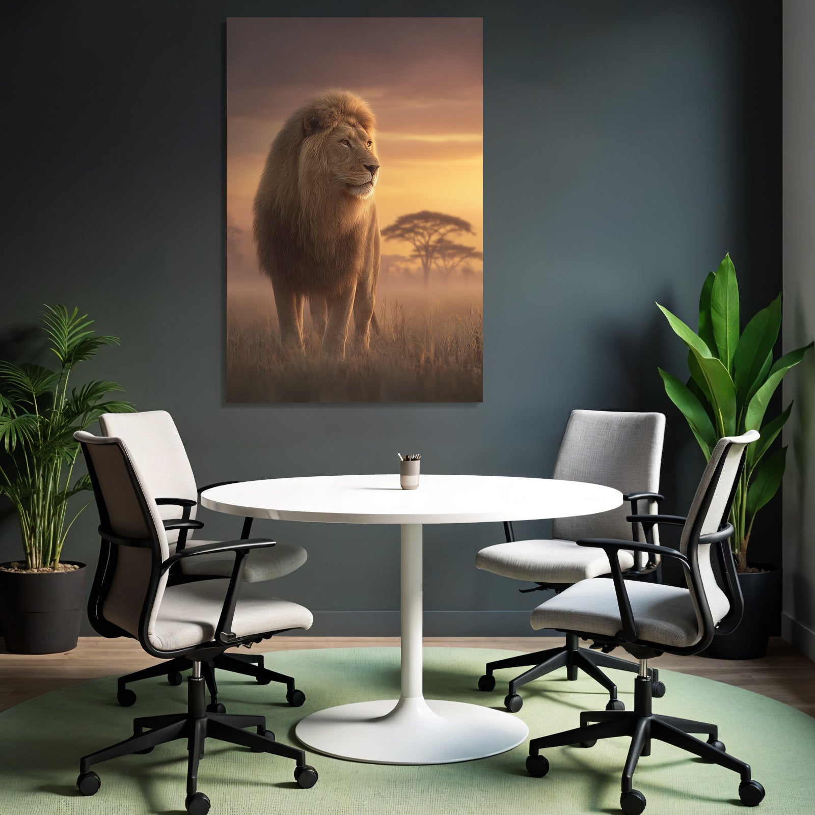 Lion Im Der Sonnenuntergang Mit Baum Silhoütten