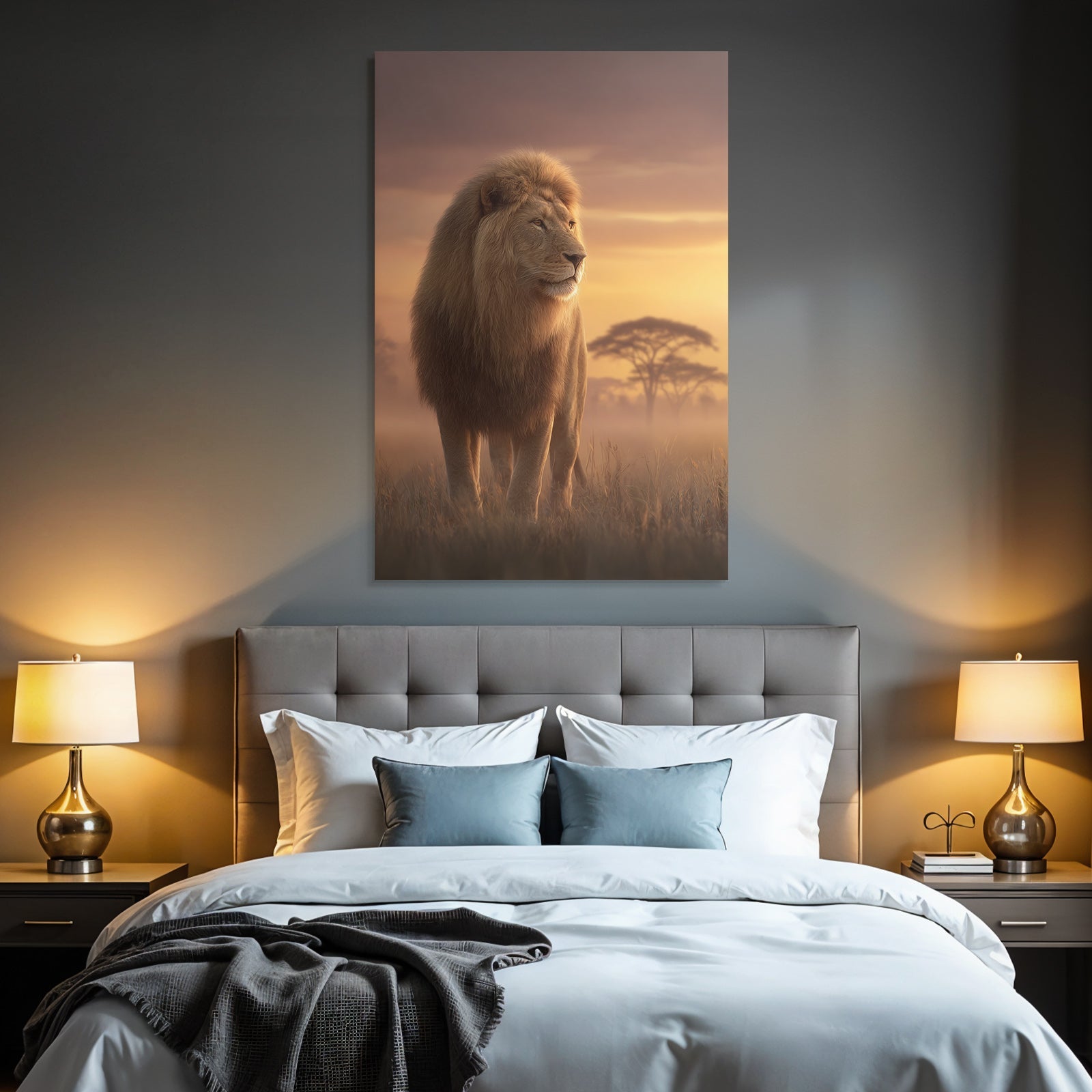 Lion Im Der Sonnenuntergang Mit Baum Silhoütten