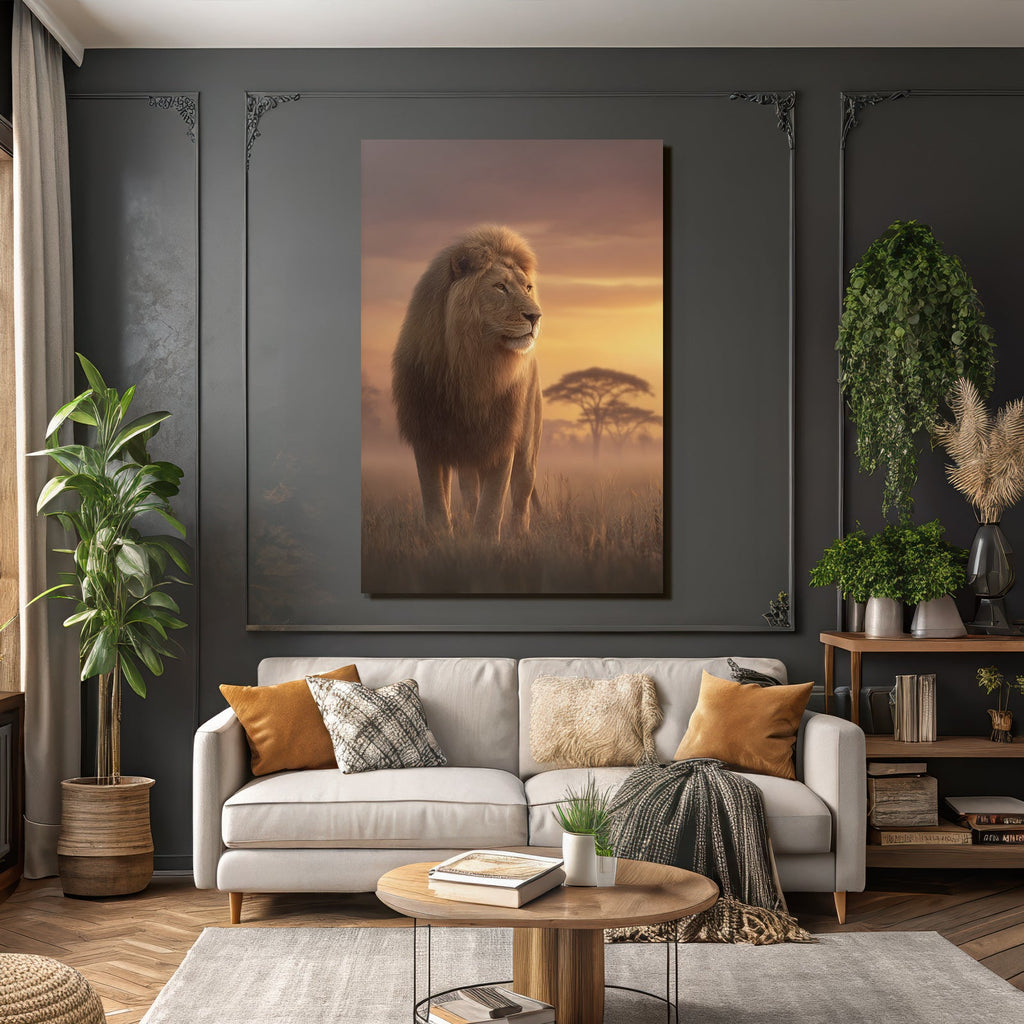 Lion Im Der Sonnenuntergang Mit Baum Silhoütten