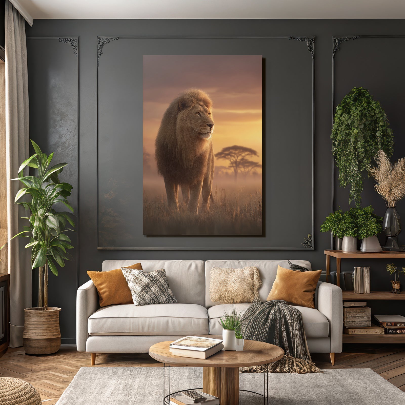Lion Im Der Sonnenuntergang Mit Baum Silhoütten