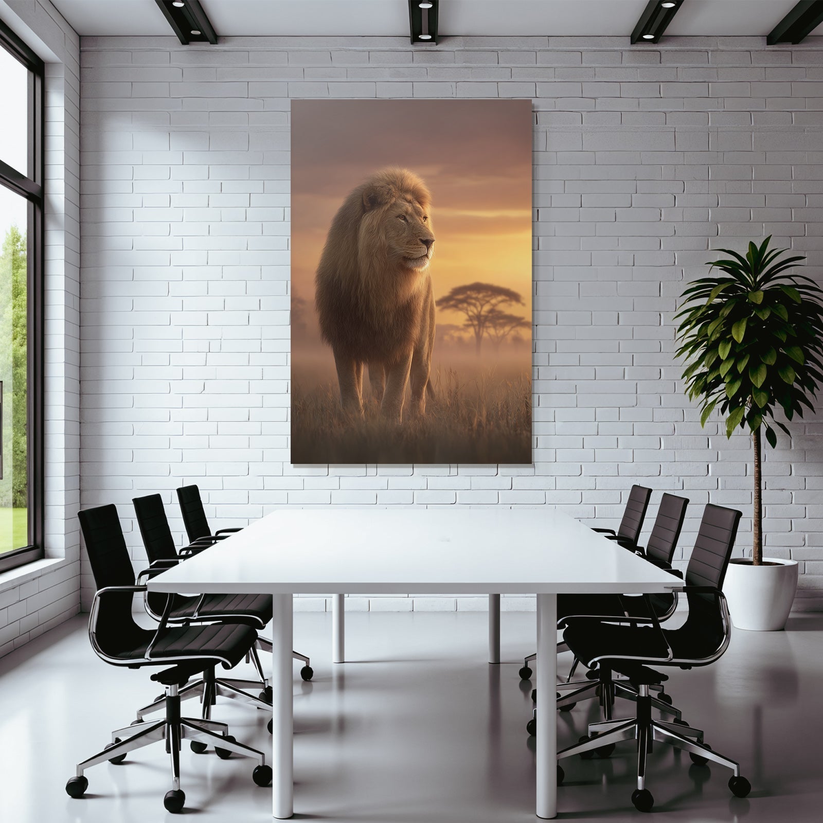 Lion Im Der Sonnenuntergang Mit Baum Silhoütten