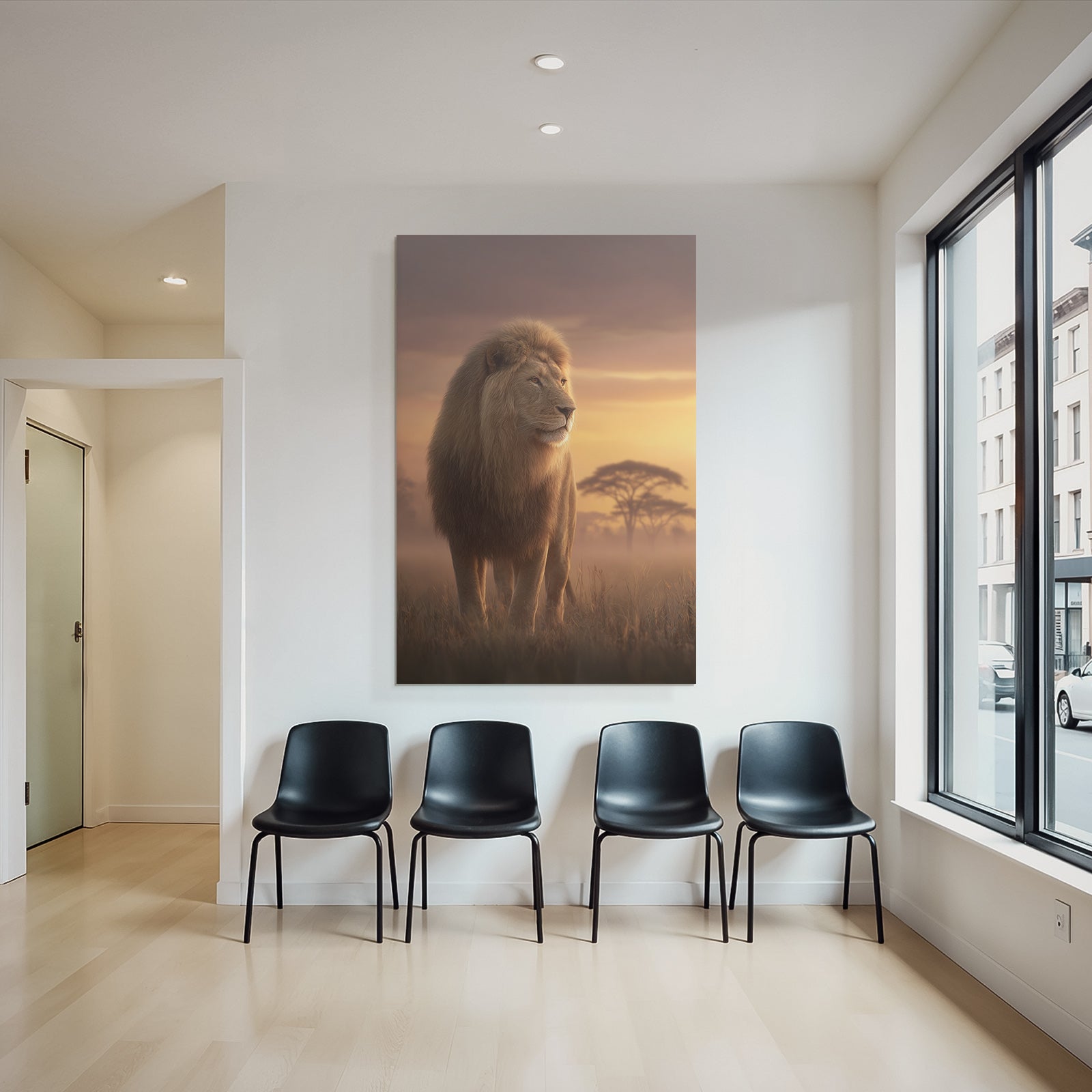 Lion Im Der Sonnenuntergang Mit Baum Silhoütten