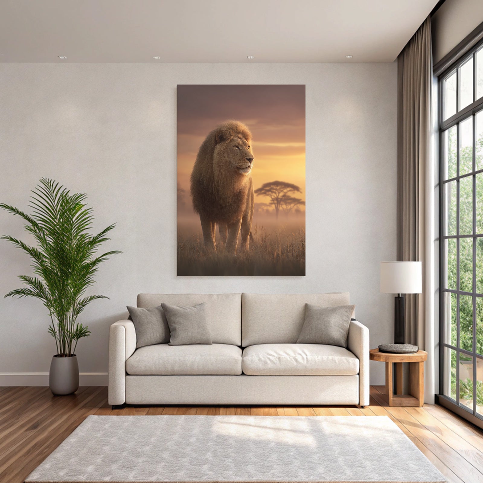 Lion Im Der Sonnenuntergang Mit Baum Silhoütten