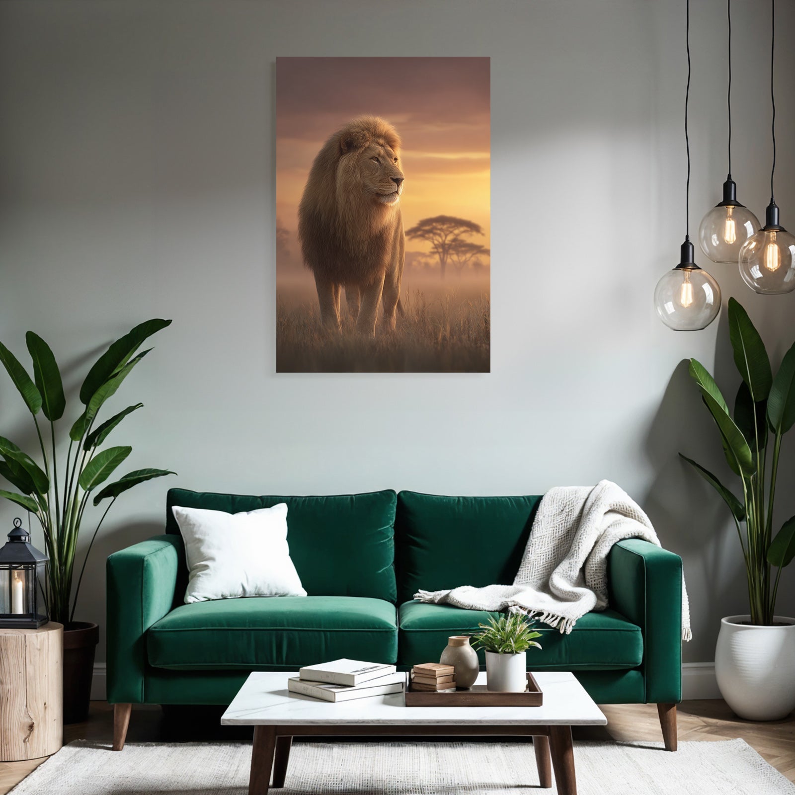 Lion Im Der Sonnenuntergang Mit Baum Silhoütten