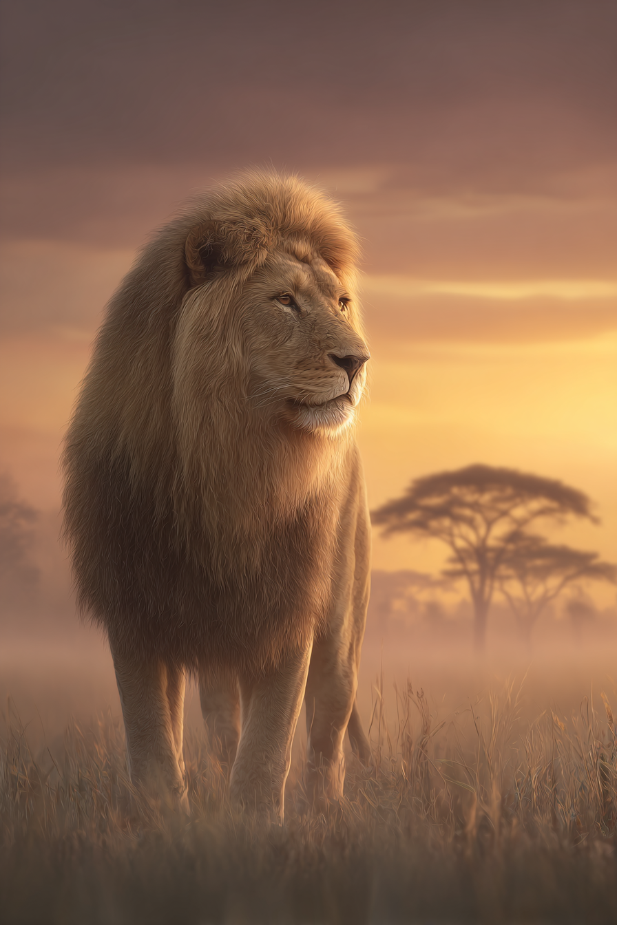 Lion Im Der Sonnenuntergang Mit Baum Silhoütten | Safari und Wildtiere | Tiere
