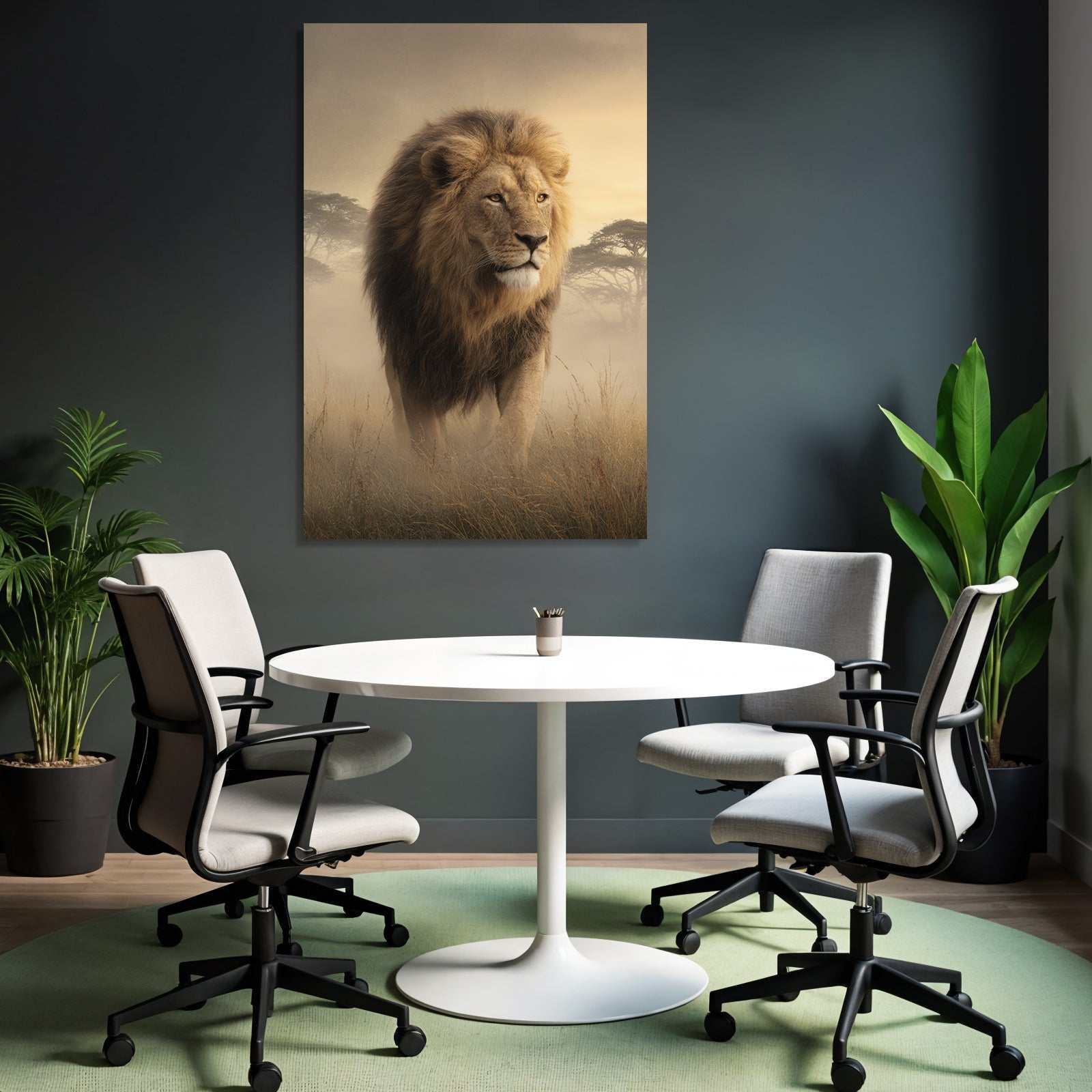 Lion Im Grünen Mit Nebliger Atmosphäre Goldener Hintergrund