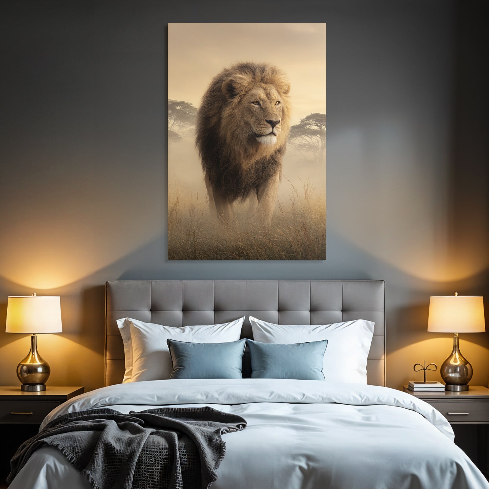 Lion Im Grünen Mit Nebliger Atmosphäre Goldener Hintergrund