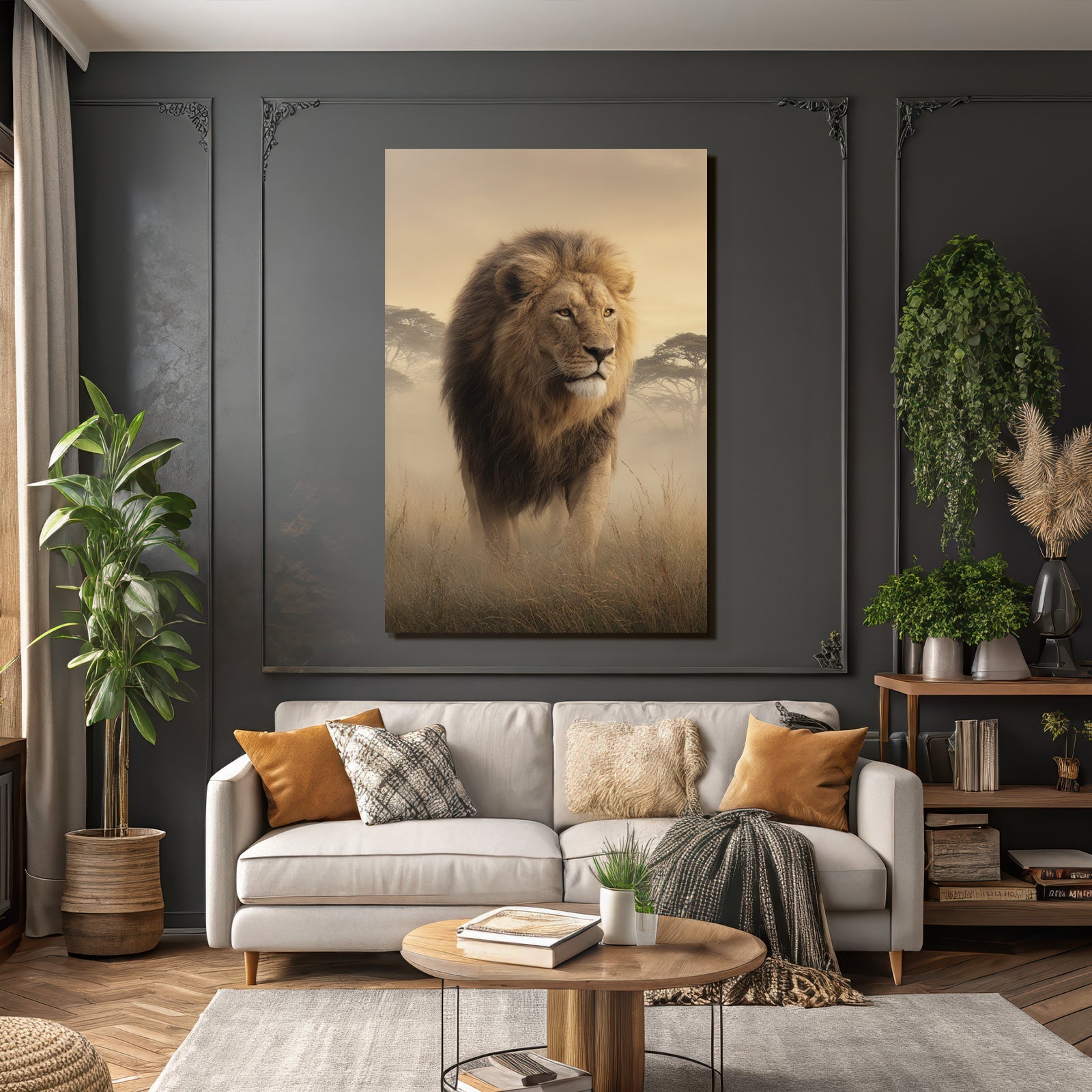 Lion Im Grünen Mit Nebliger Atmosphäre Goldener Hintergrund