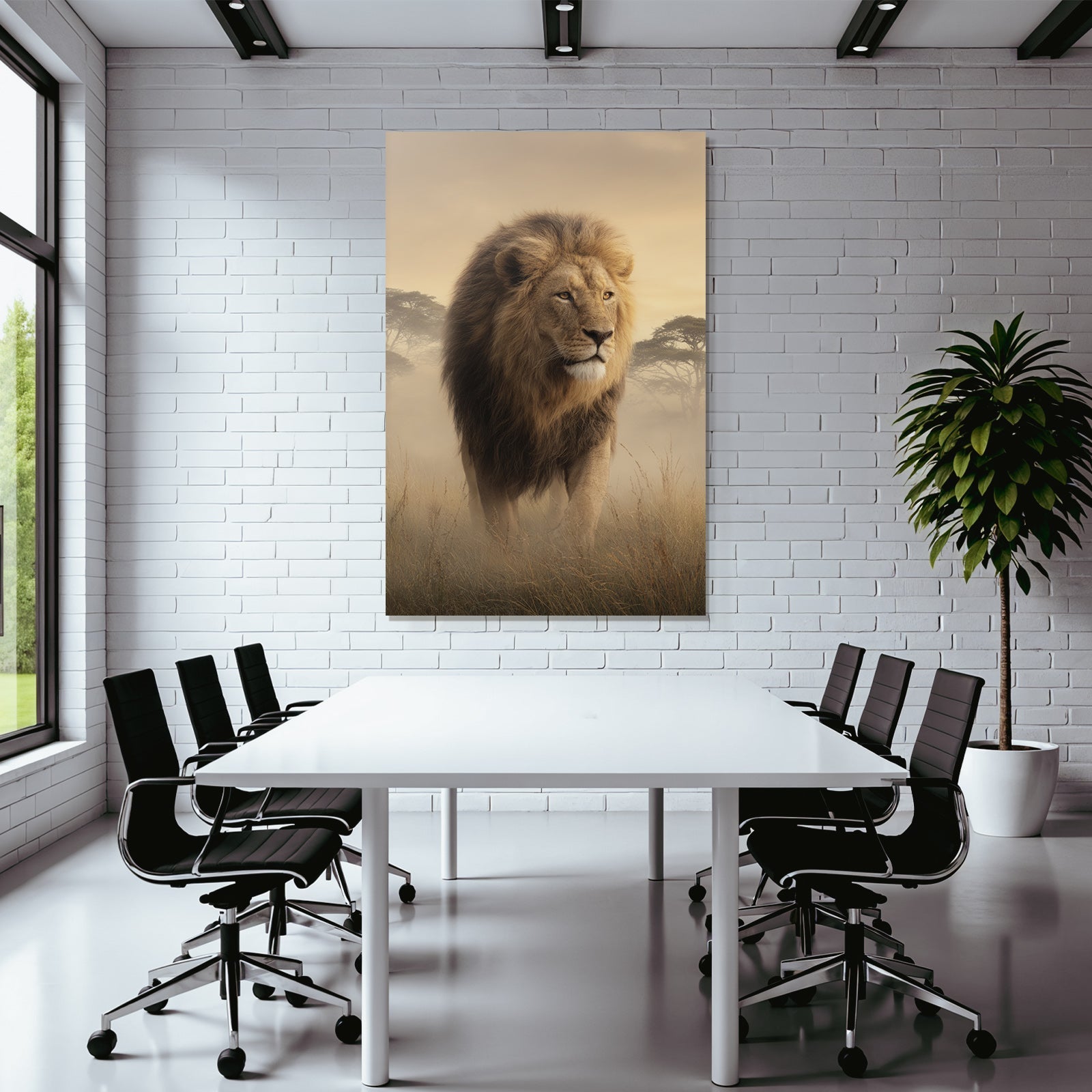Lion Im Grünen Mit Nebliger Atmosphäre Goldener Hintergrund