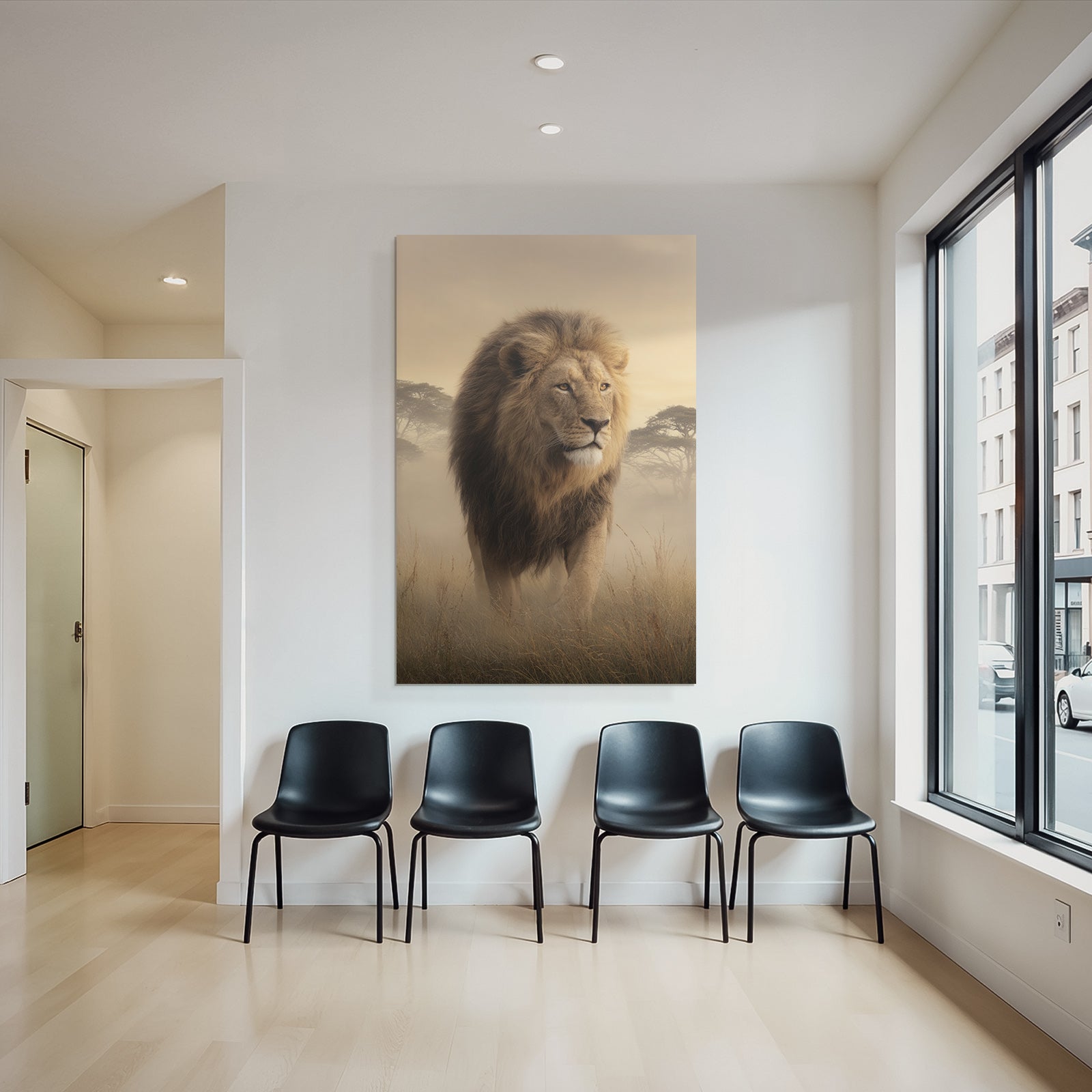 Lion Im Grünen Mit Nebliger Atmosphäre Goldener Hintergrund