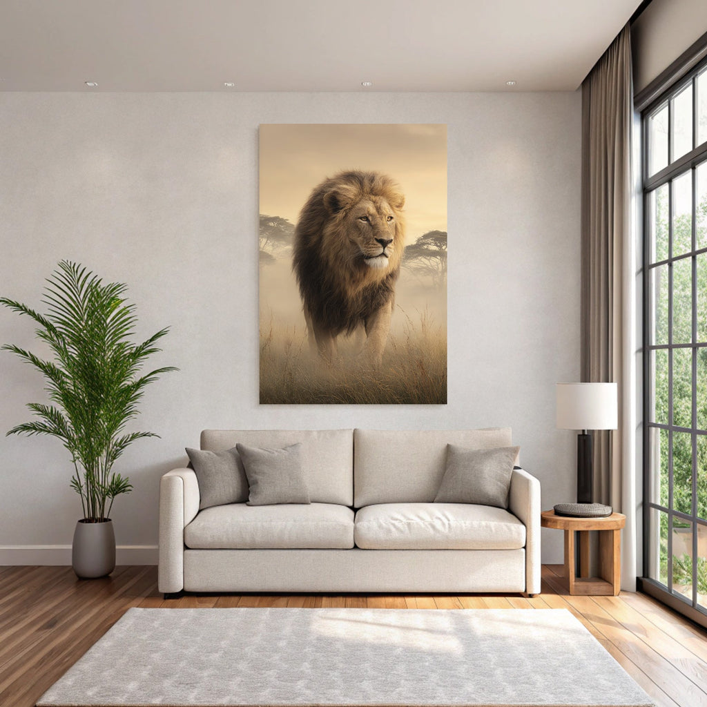 Lion Im Grünen Mit Nebliger Atmosphäre Goldener Hintergrund