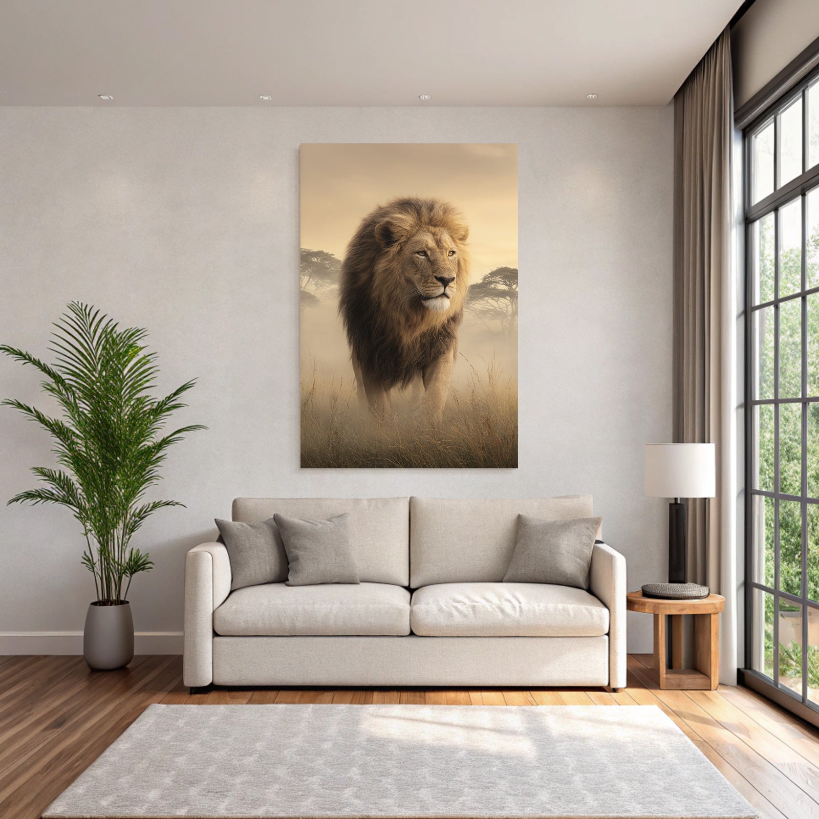 Lion Im Grünen Mit Nebliger Atmosphäre Goldener Hintergrund