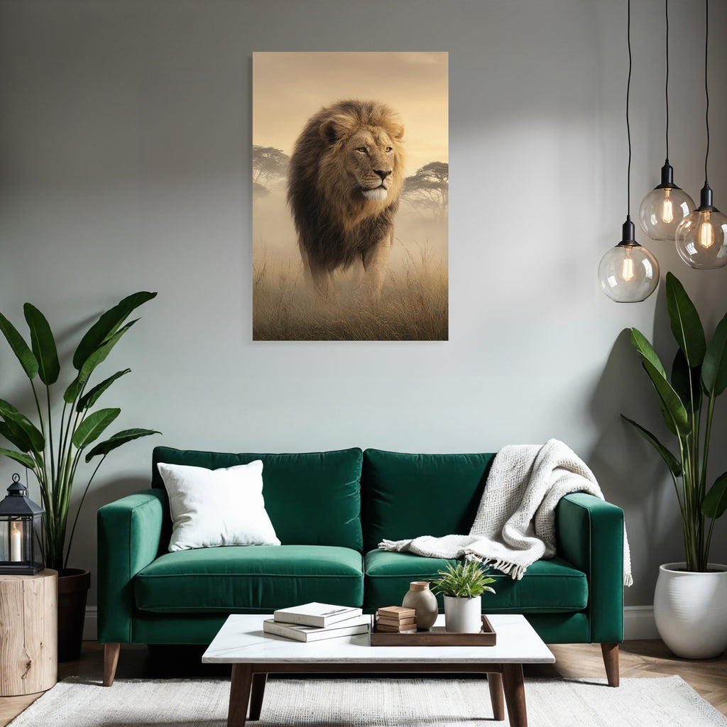 Lion Im Grünen Mit Nebliger Atmosphäre Goldener Hintergrund