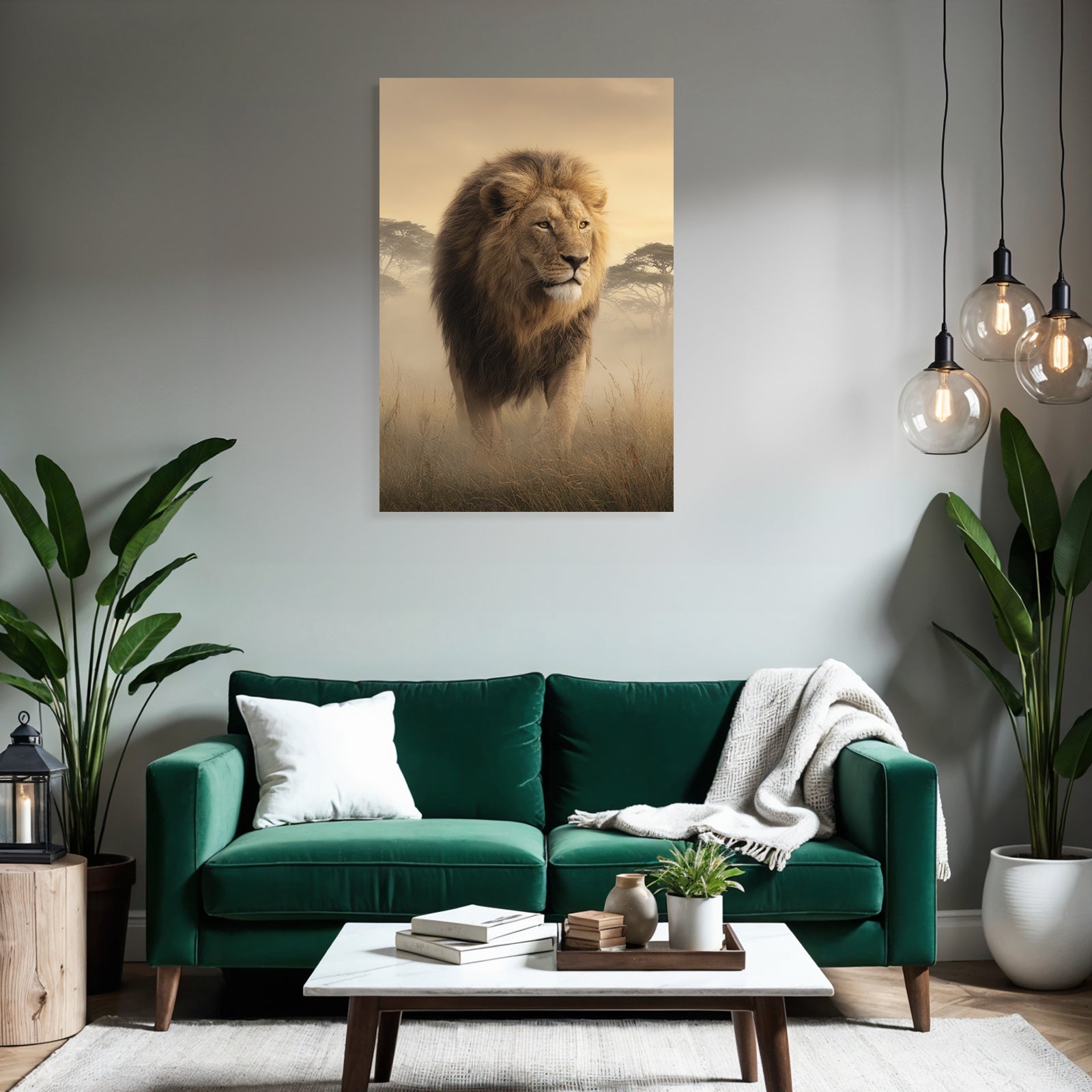 Lion Im Grünen Mit Nebliger Atmosphäre Goldener Hintergrund