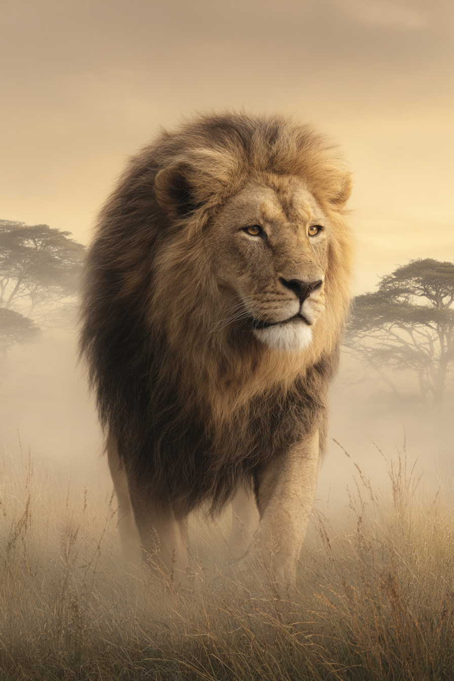 Lion Im Grünen Mit Nebliger Atmosphäre Goldener Hintergrund | Safari und Wildtiere | Tiere