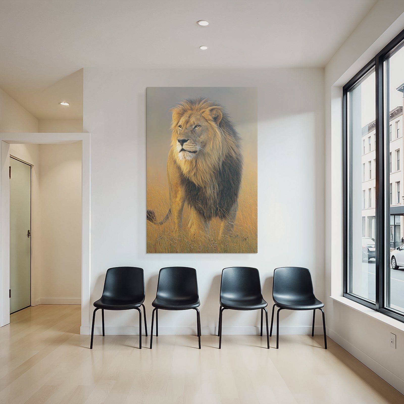 Lion Im Hochgras Mit Hintergrund In Der Savanne