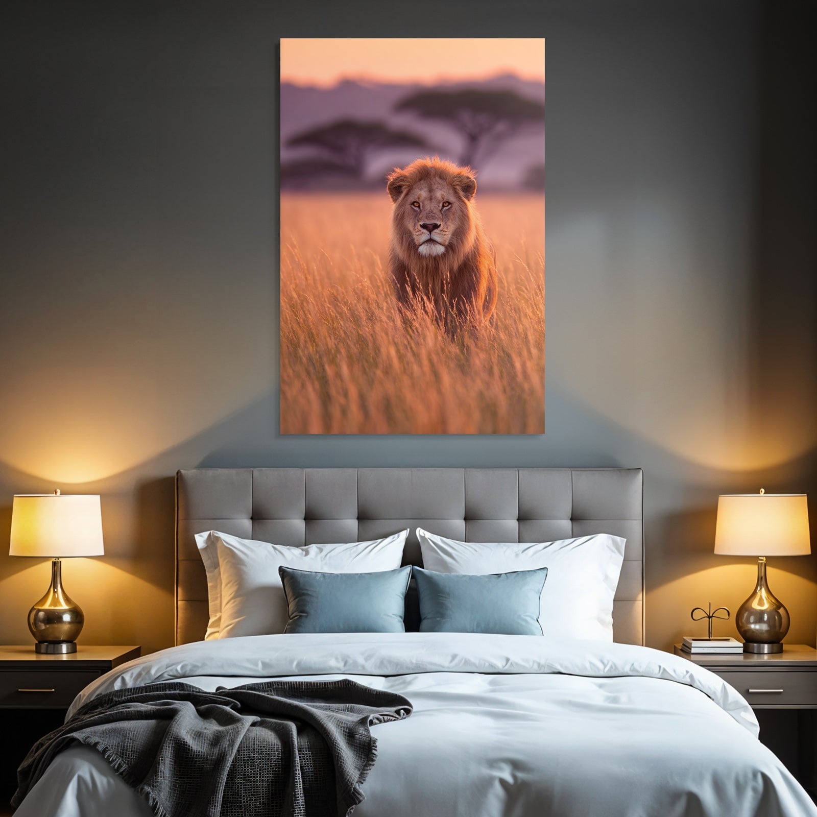 Lion Im Hohen Gras Bei Sonnenuntergang