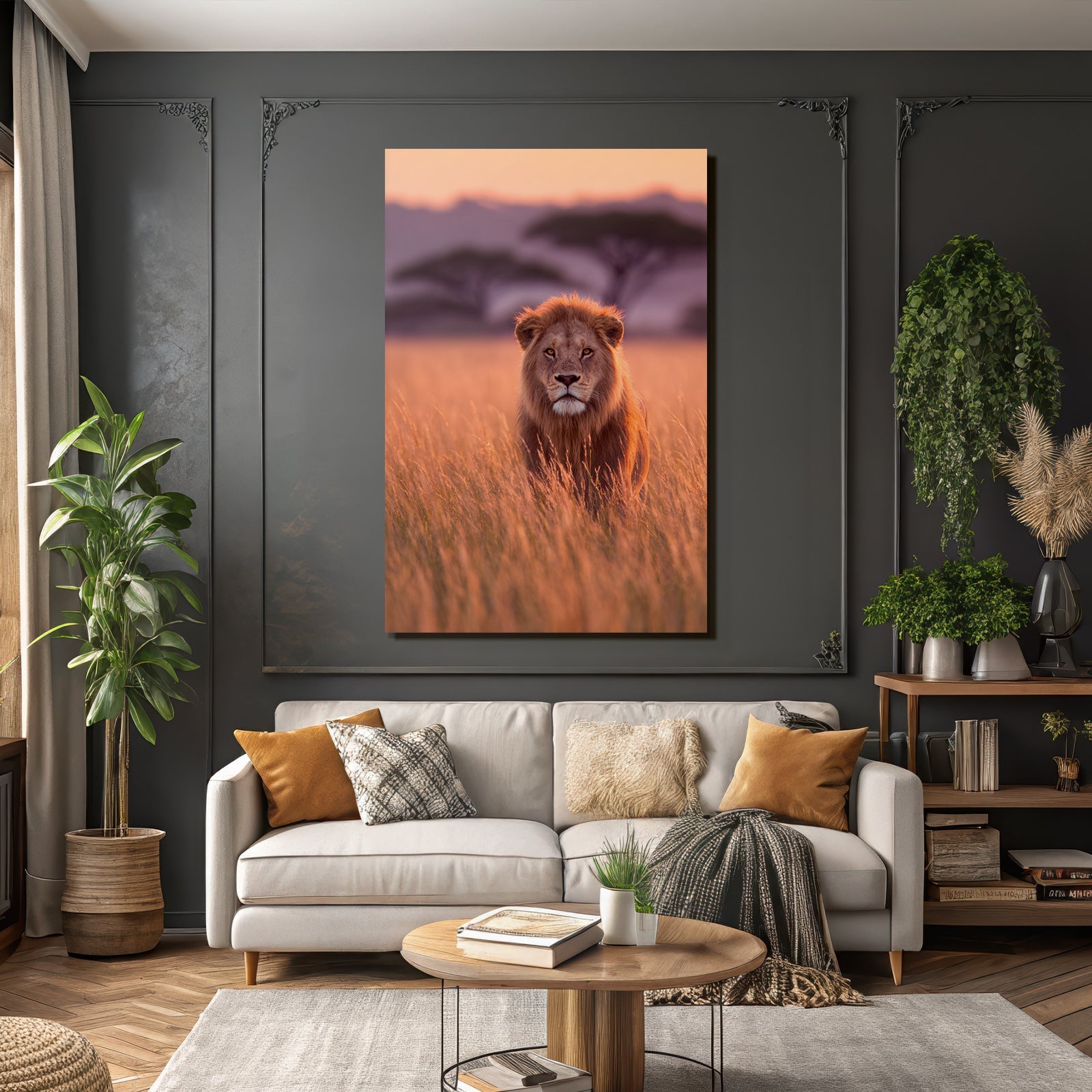 Lion Im Hohen Gras Bei Sonnenuntergang