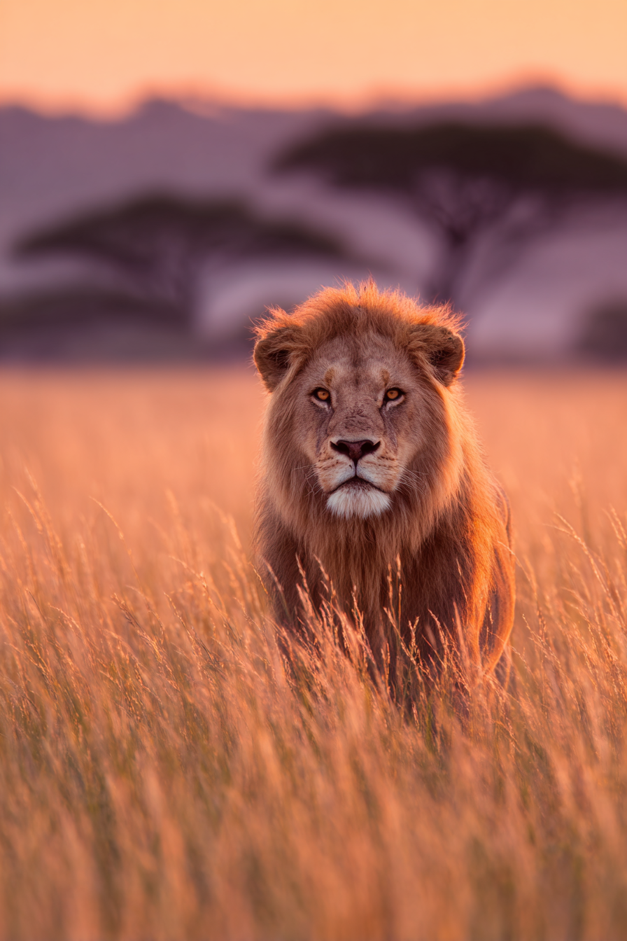 Lion Im Hohen Gras Bei Sonnenuntergang | Safari und Wildtiere | Tiere