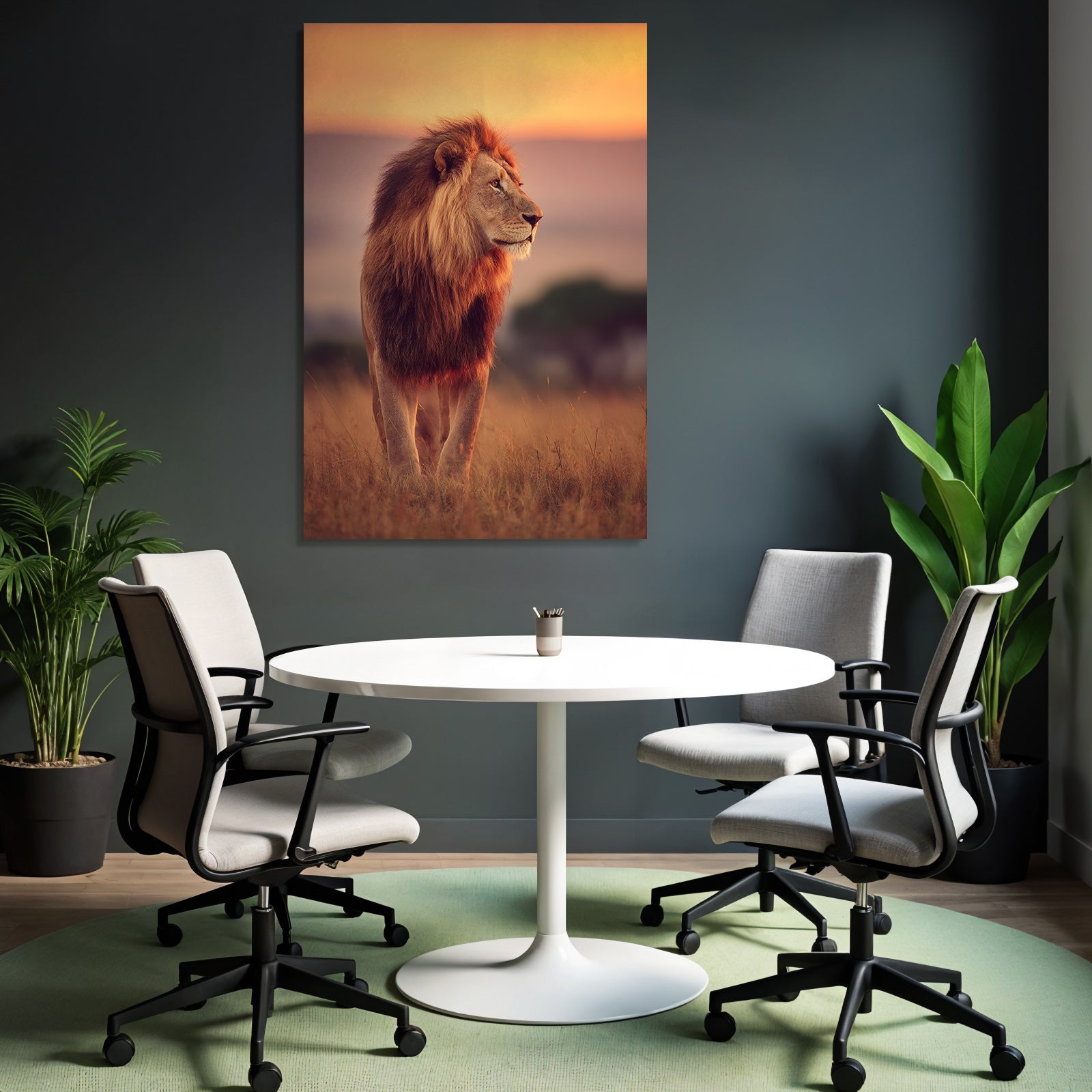 Lion Im Profil Im Feld Bei Sonnenuntergang Vor Himmel In Orange Und Rosa