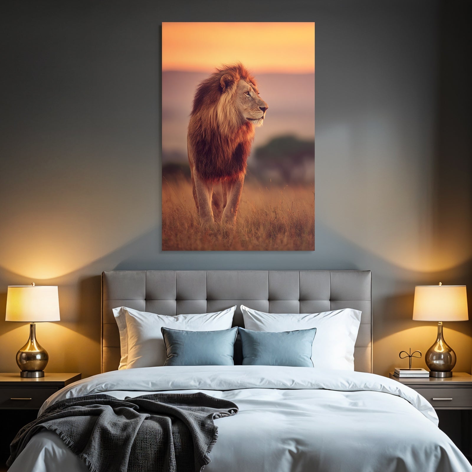 Lion Im Profil Im Feld Bei Sonnenuntergang Vor Himmel In Orange Und Rosa
